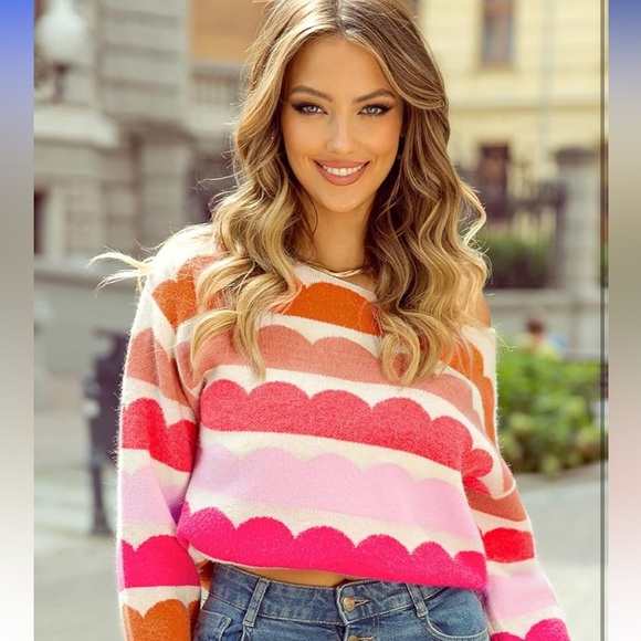 Womens Off Shoulder Round Neck Rainbow Floral Print Sweater - Picture 6 of 9